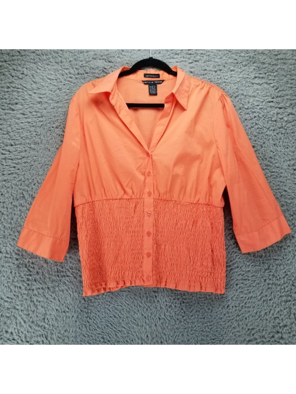 Antilia Femme Shirt Womens 1X Orange Button Up Smocked 3/4 Sleeve Blouse *Read*
